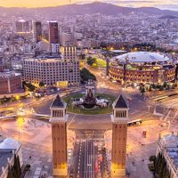 Aerial View of plaza españa at sunset in Barcelona, Spain